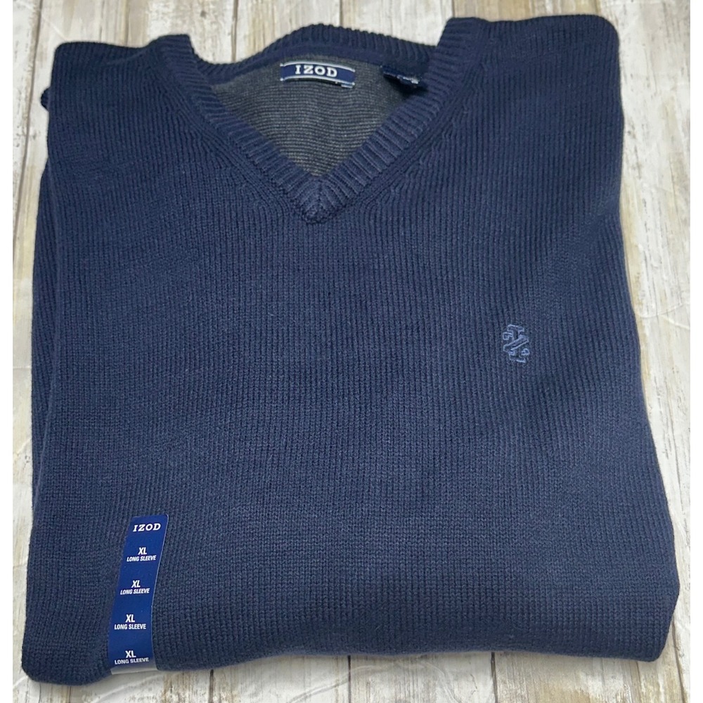 IZOD Mens V-Neck Sweater Navy Blue Long Sleeve Cotton Blend XL